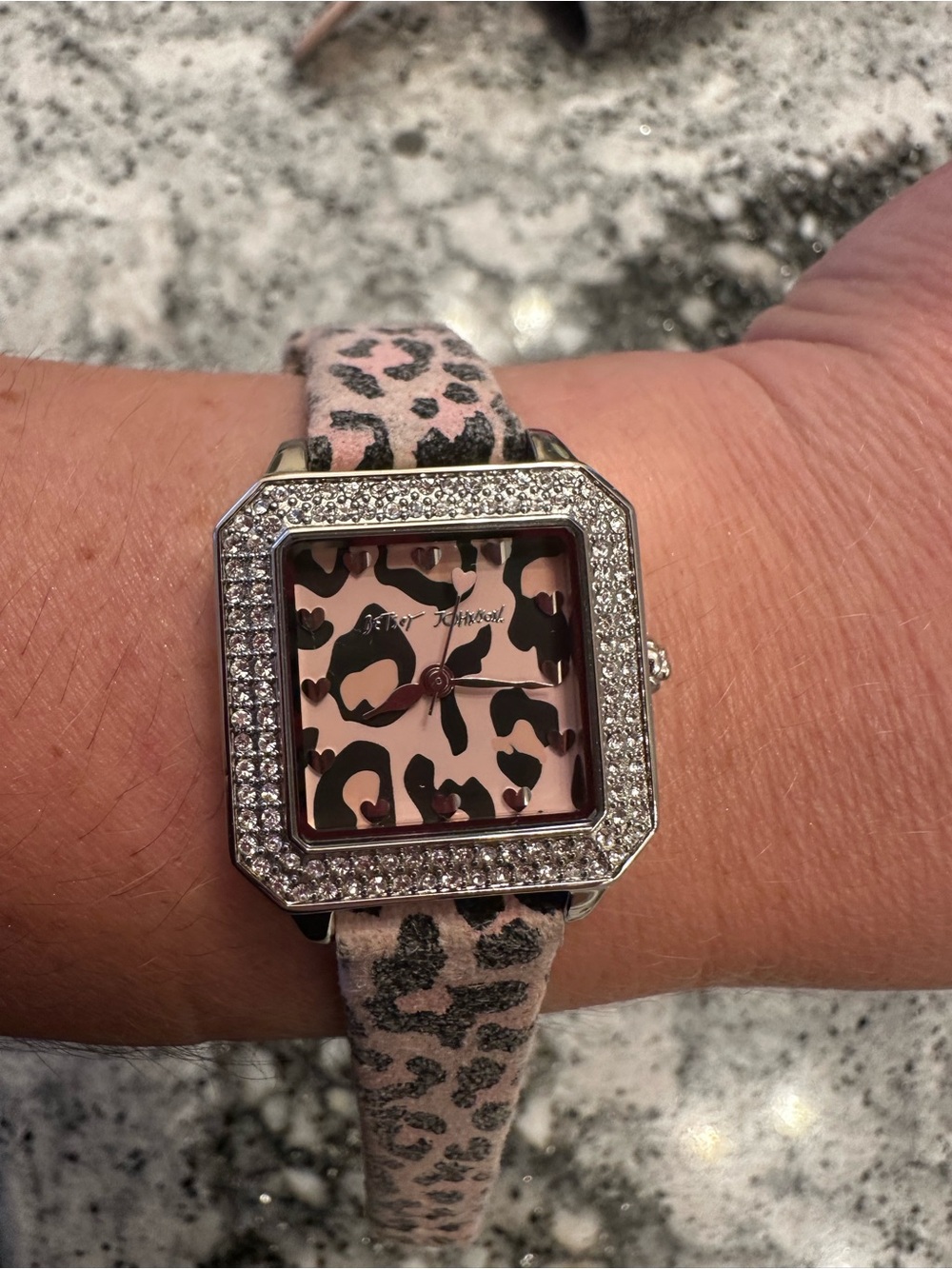 Betsey Johnson Pink Leopard Crystal-Trim Square Women's Watch